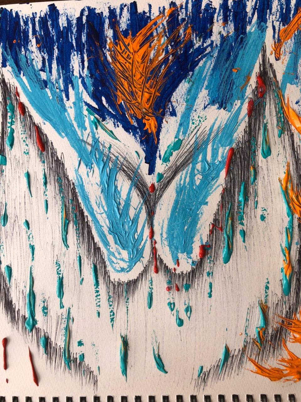青とオレンジの筆致が印象的な絵