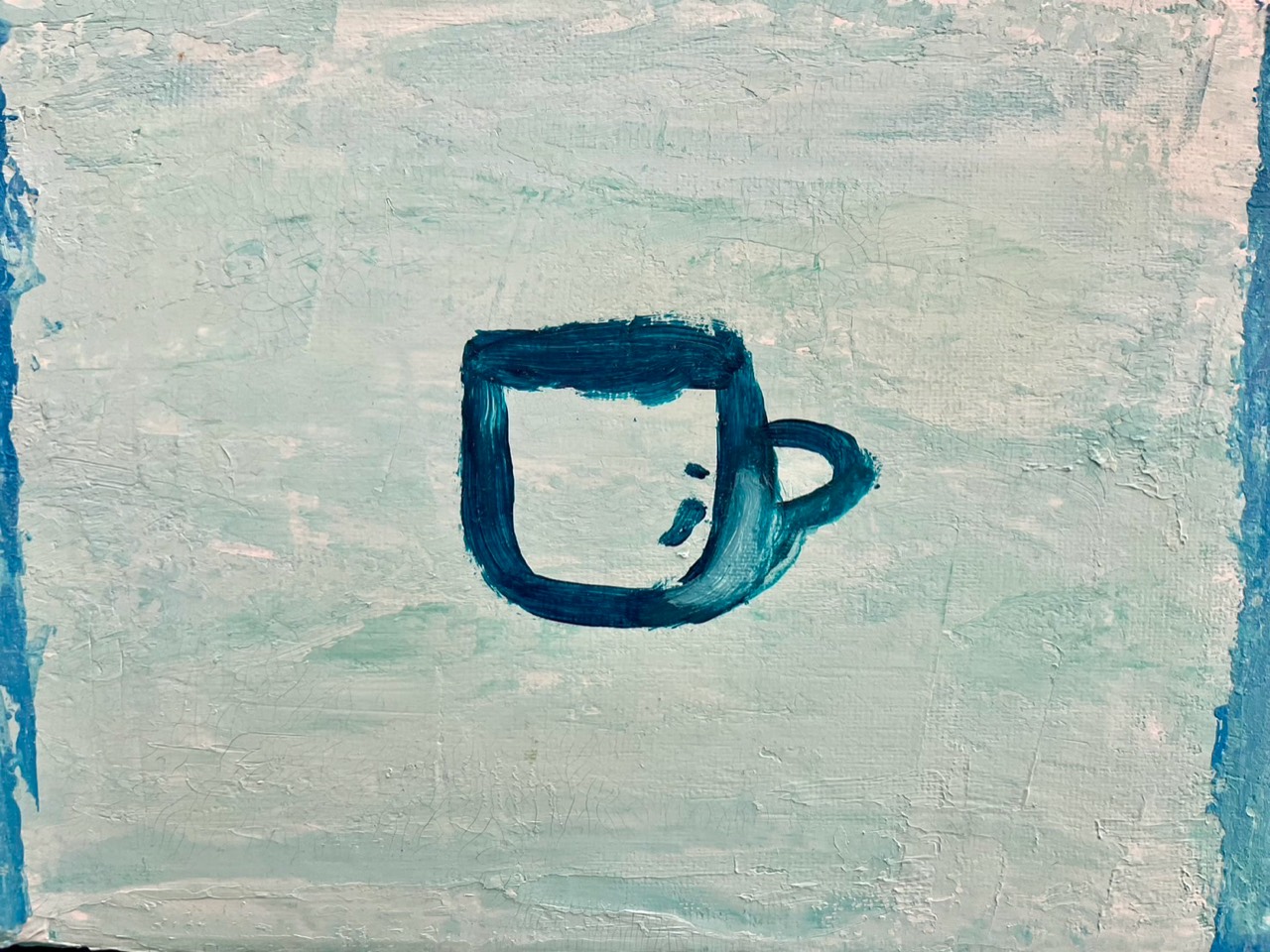 淡い水色の背景に描かれたカップのアート作品